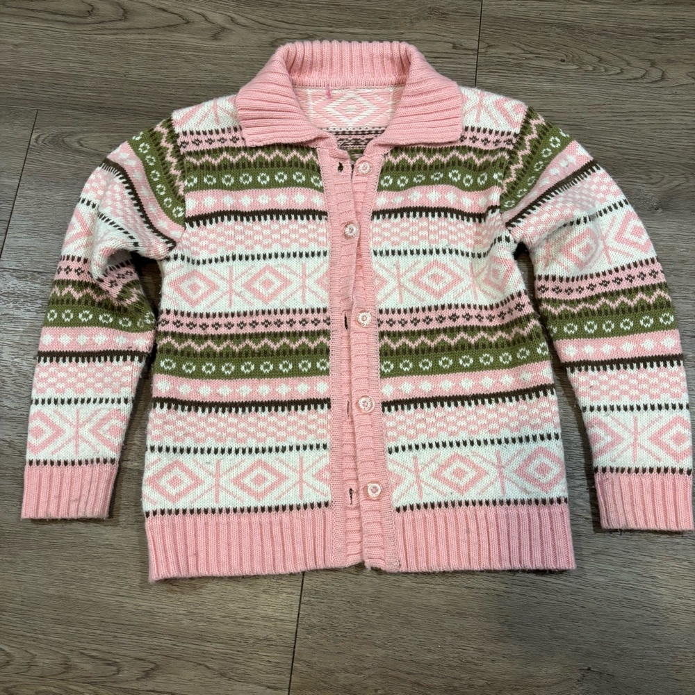 Girl Pink Fair isle wool Button down Collared Knit Cardigan Sweater